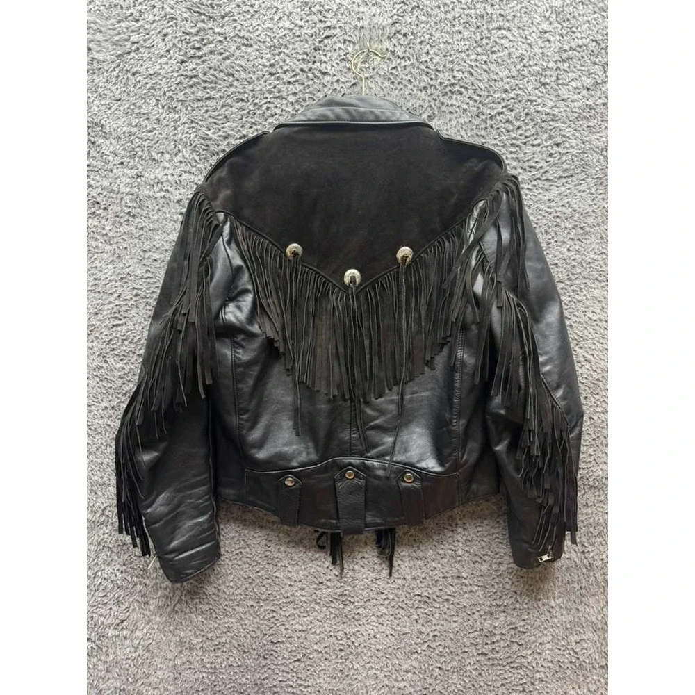 Vintage Suede Leather Fringe Collared‎ Full Zip Biker Jacket Black Mens Size 42